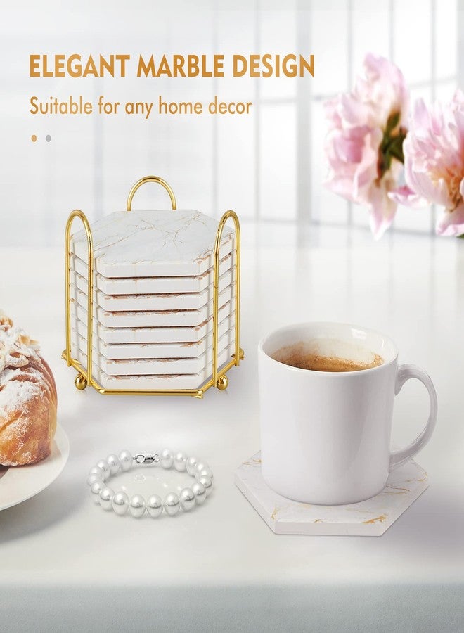 Geichan Coasters for Drinks with Holder, Absorbent Marble Coaster Set of 8, Ceramic White and Gold Coasters for Coffee Table,Housewarming Gift,Tabletop Protection, Home Decor - Image 2